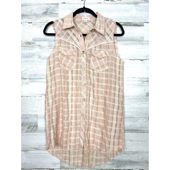 POL Women’s Small Peach White Plaid Sleeveless Boho Western Blouse Top NWT - Picture 1 of 5